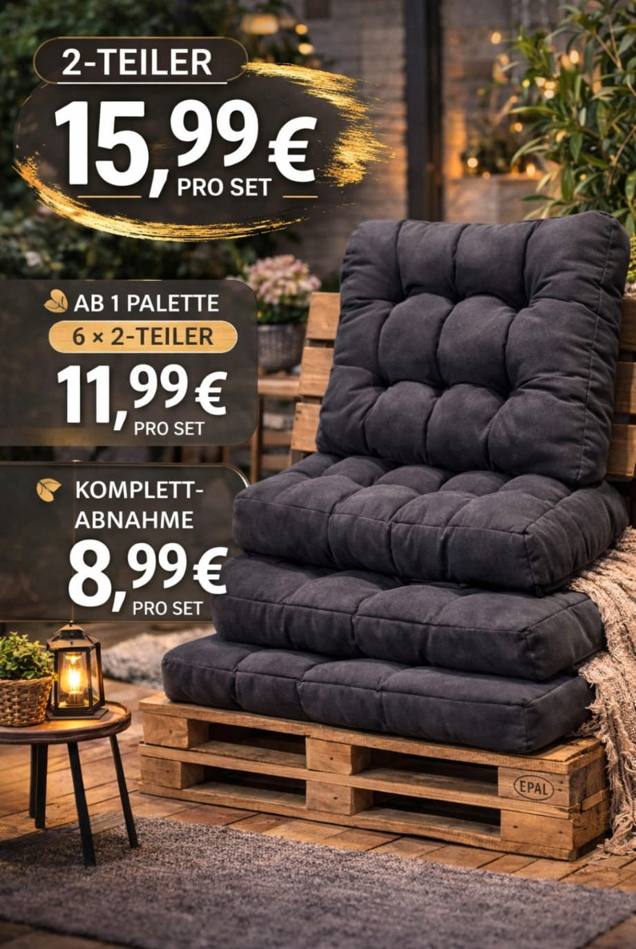 Sitzkissen Set für Palettenmöbel – 2-Teiler (Sitz- & Rückenkissen)