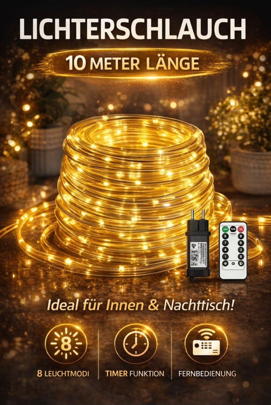 LED Lichterschlauch – 10 Meter Länge mit Fernbedienung
